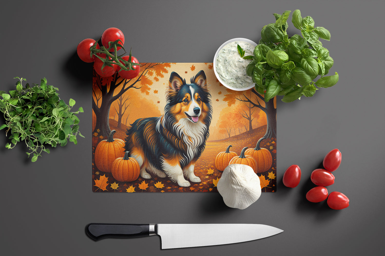Sheltie Fall Cutting Board Tempered Glass Kitchen Cutting Surface, Heat Resistant Chopping, Non-Slip Feet, Food Prep & Serving