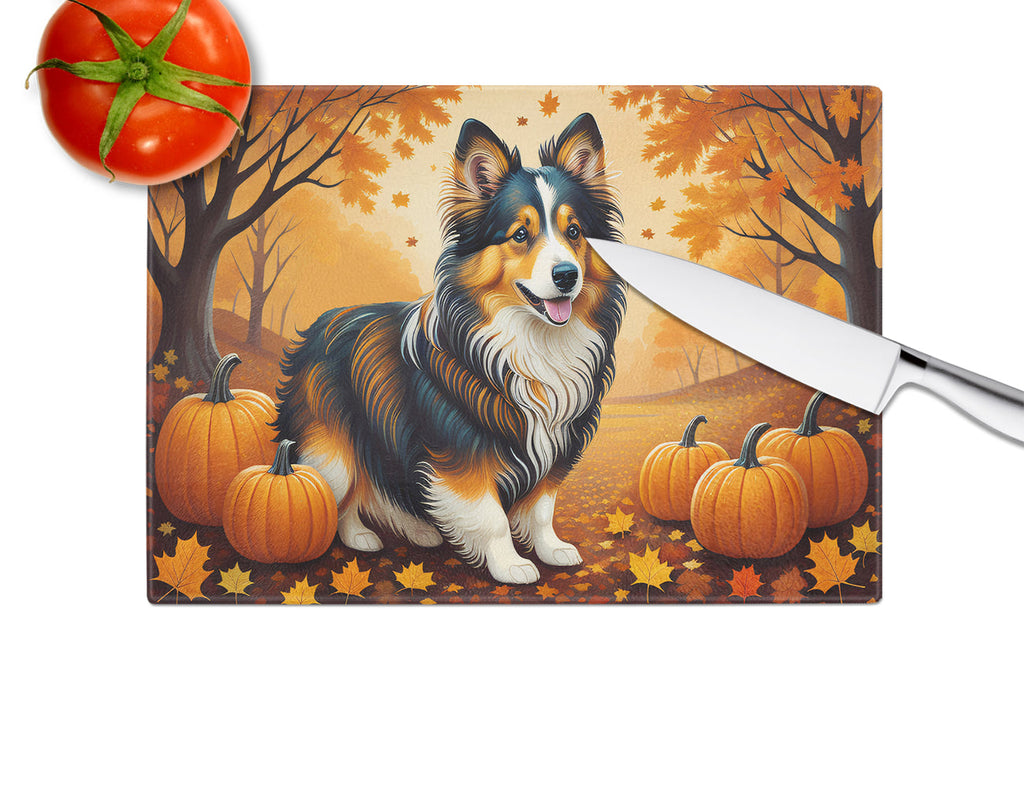 Sheltie Fall Cutting Board Tempered Glass Kitchen Cutting Surface, Heat Resistant Chopping, Non-Slip Feet, Food Prep & Serving