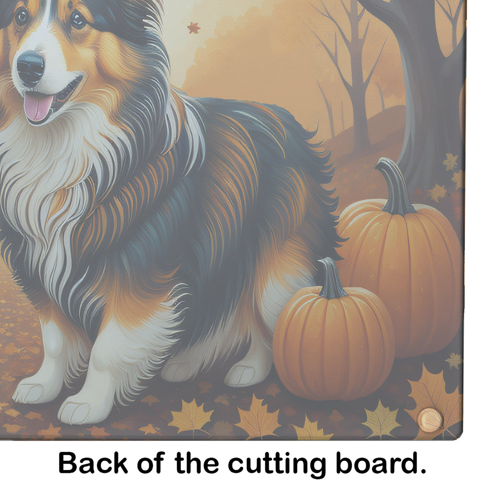 Sheltie Fall Cutting Board Tempered Glass Kitchen Cutting Surface, Heat Resistant Chopping, Non-Slip Feet, Food Prep & Serving