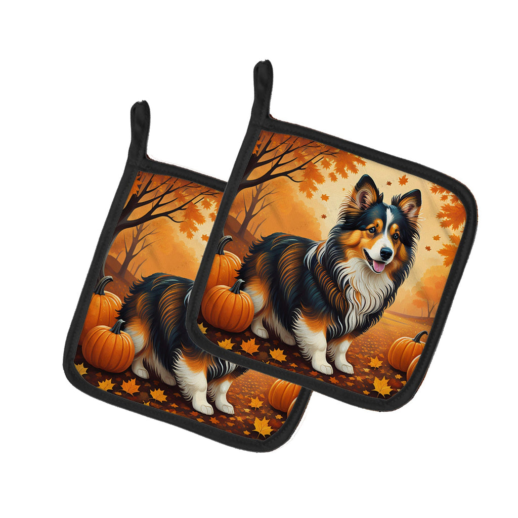 Sheltie Fall Pot Holder Set of 2 Heat Resistant Quilted Hot Pads 7.5 x 7.5 Inch, Insulated Kitchen Trivets for Cooking & Baking