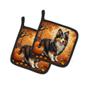 Sheltie Fall Pot Holder Set of 2 Heat Resistant Quilted Hot Pads 7.5 x 7.5 Inch, Insulated Kitchen Trivets for Cooking & Baking