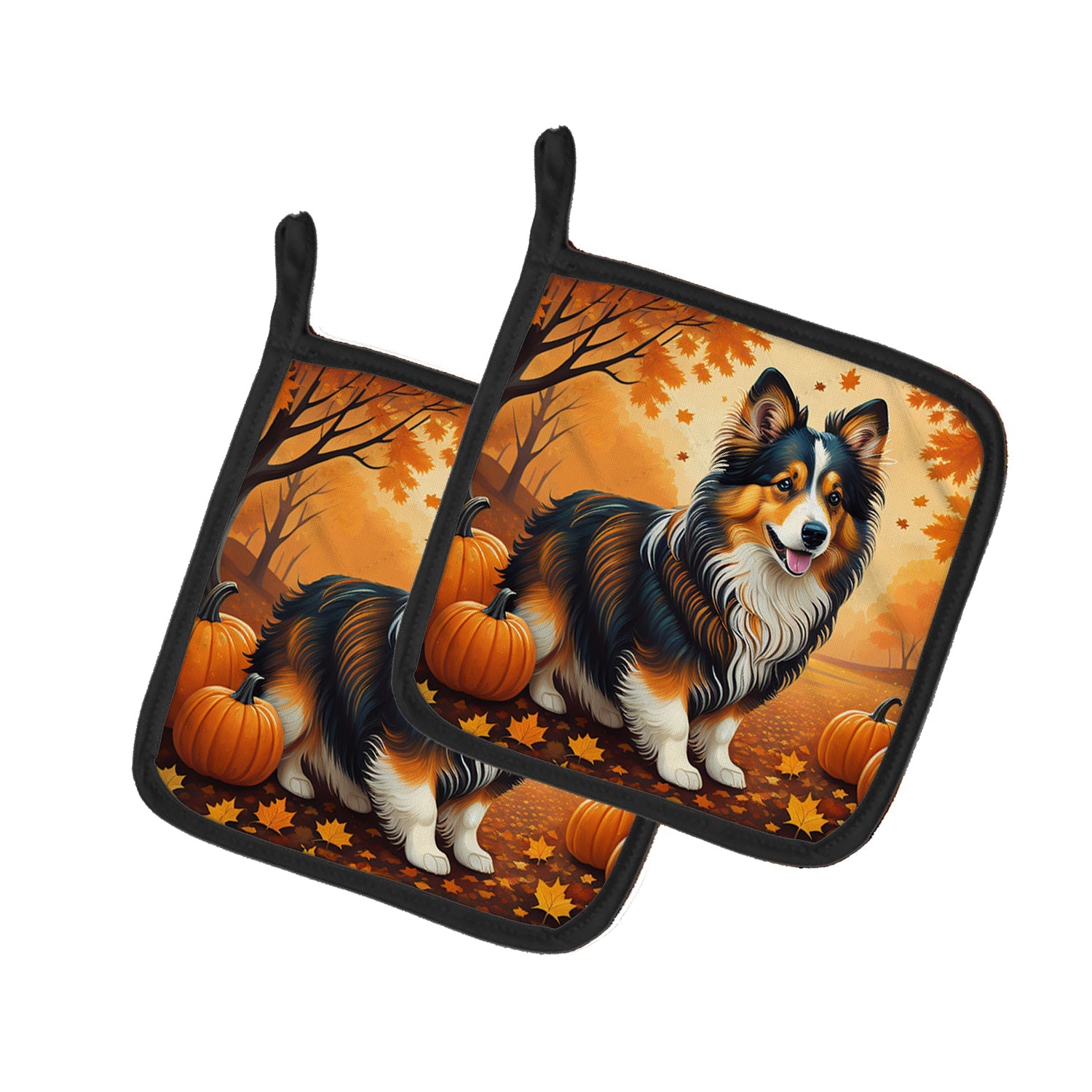 Sheltie Fall Pot Holder Set of 2 Heat Resistant Quilted Hot Pads 7.5 x 7.5 Inch, Insulated Kitchen Trivets for Cooking & Baking