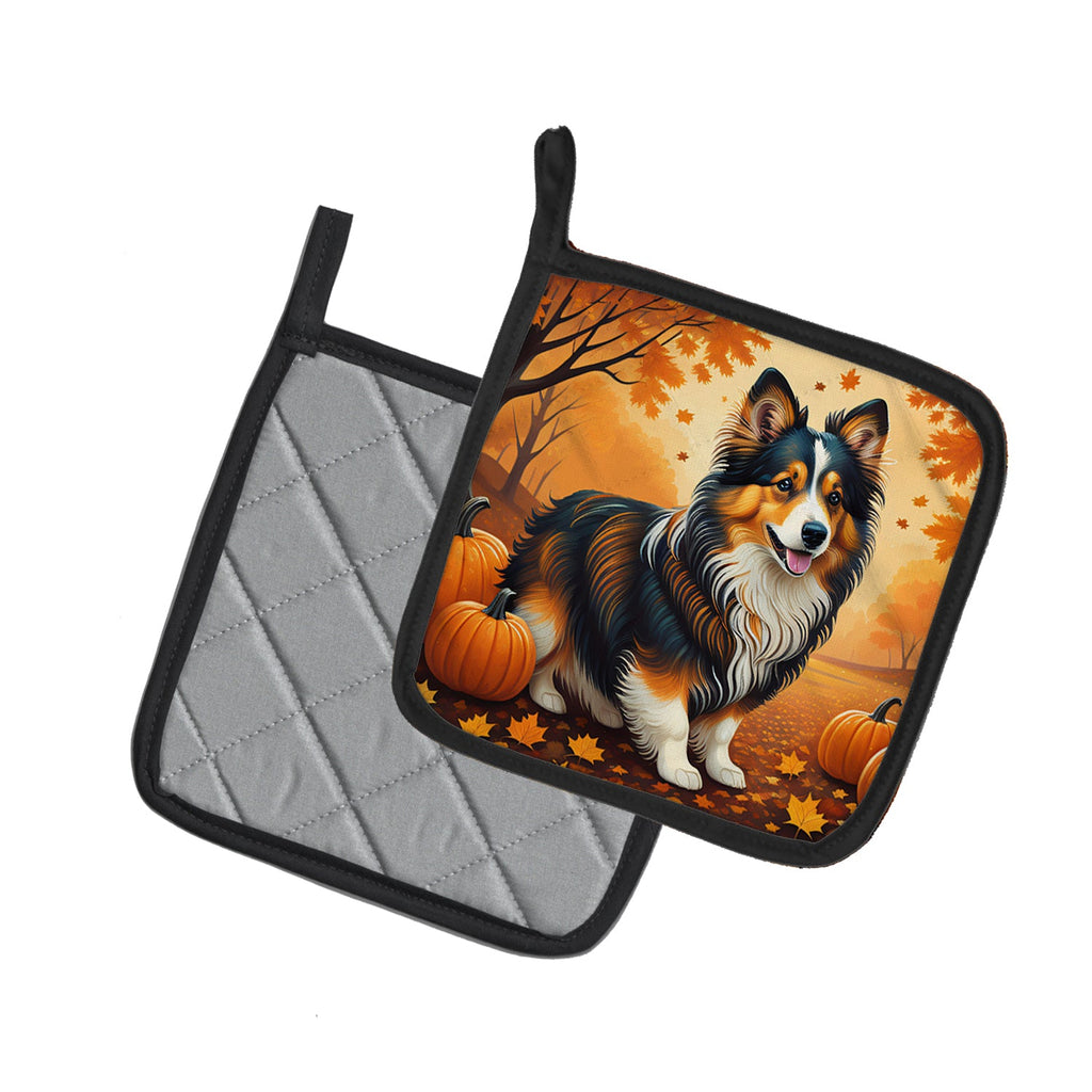 Sheltie Fall Pot Holder Set of 2 Heat Resistant Quilted Hot Pads 7.5 x 7.5 Inch, Insulated Kitchen Trivets for Cooking & Baking