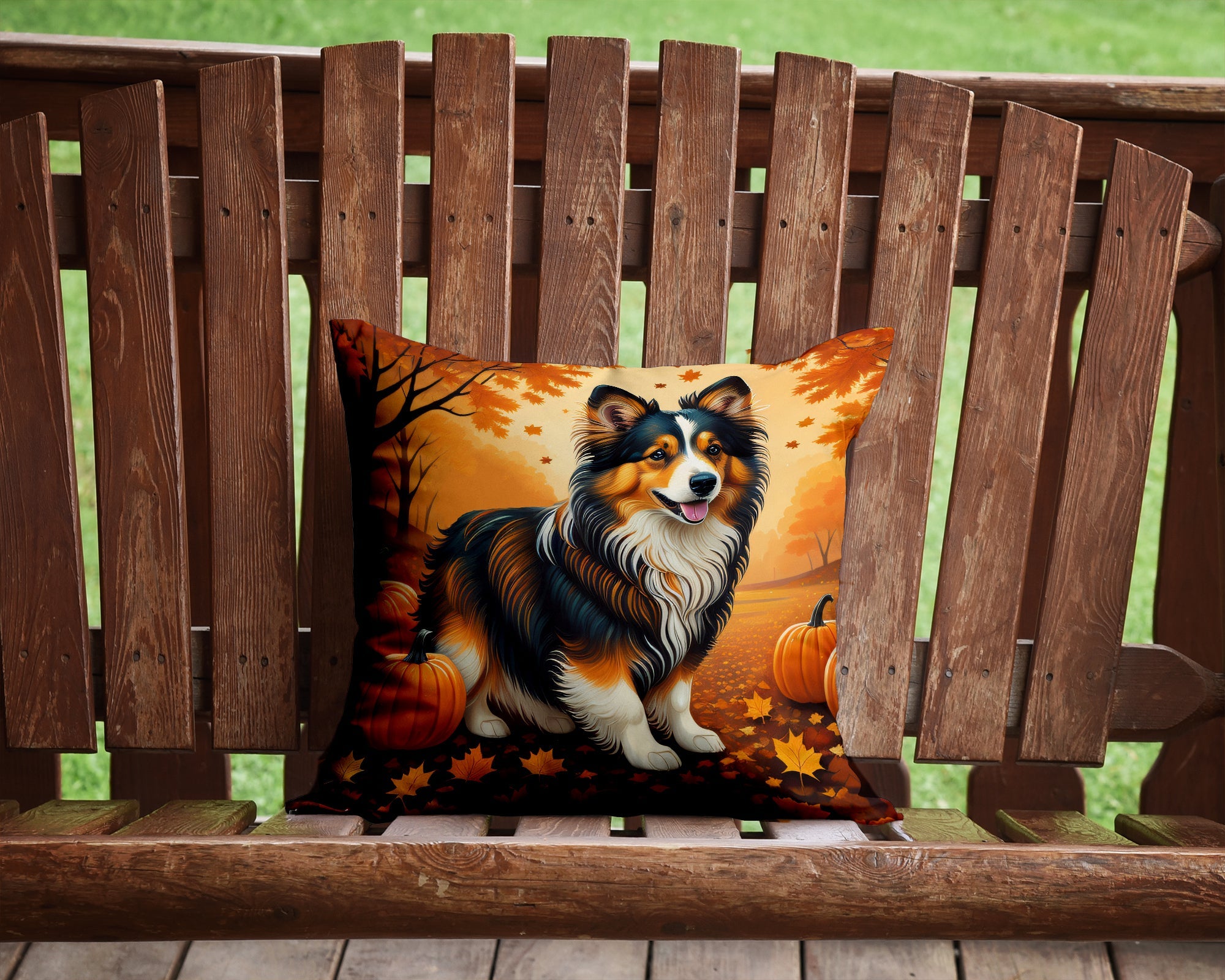 Sheltie Fall Decorative Throw Pillow 14x14 Indoor Outdoor Accent Cushion, Fabric Cover with Insert for Sofa, Bed, Porch & Living Room