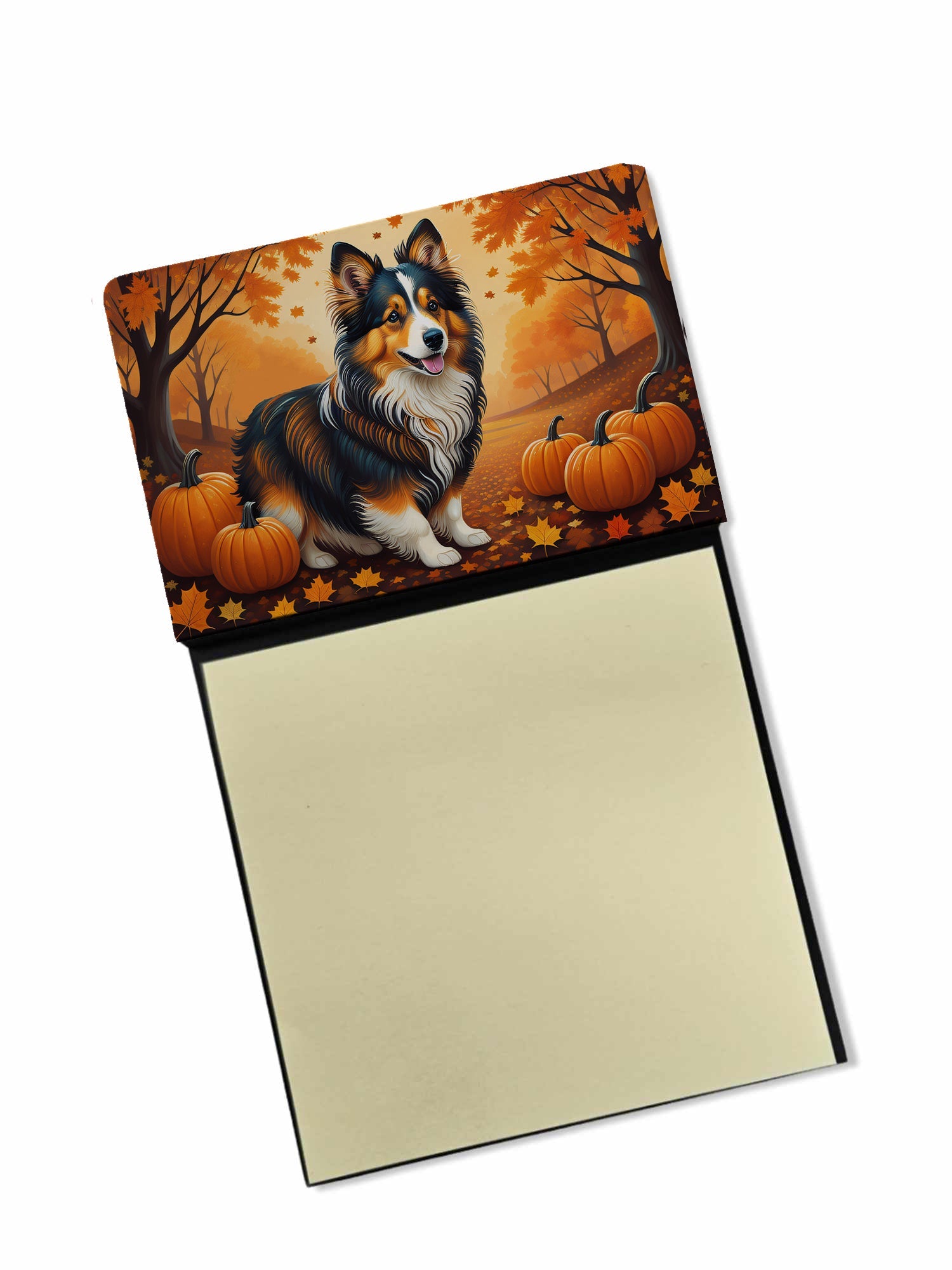 Sheltie Fall Watercolor Sticky Note Holder Refillable Dispenser Desk Accessory 3x3 Pad Gift