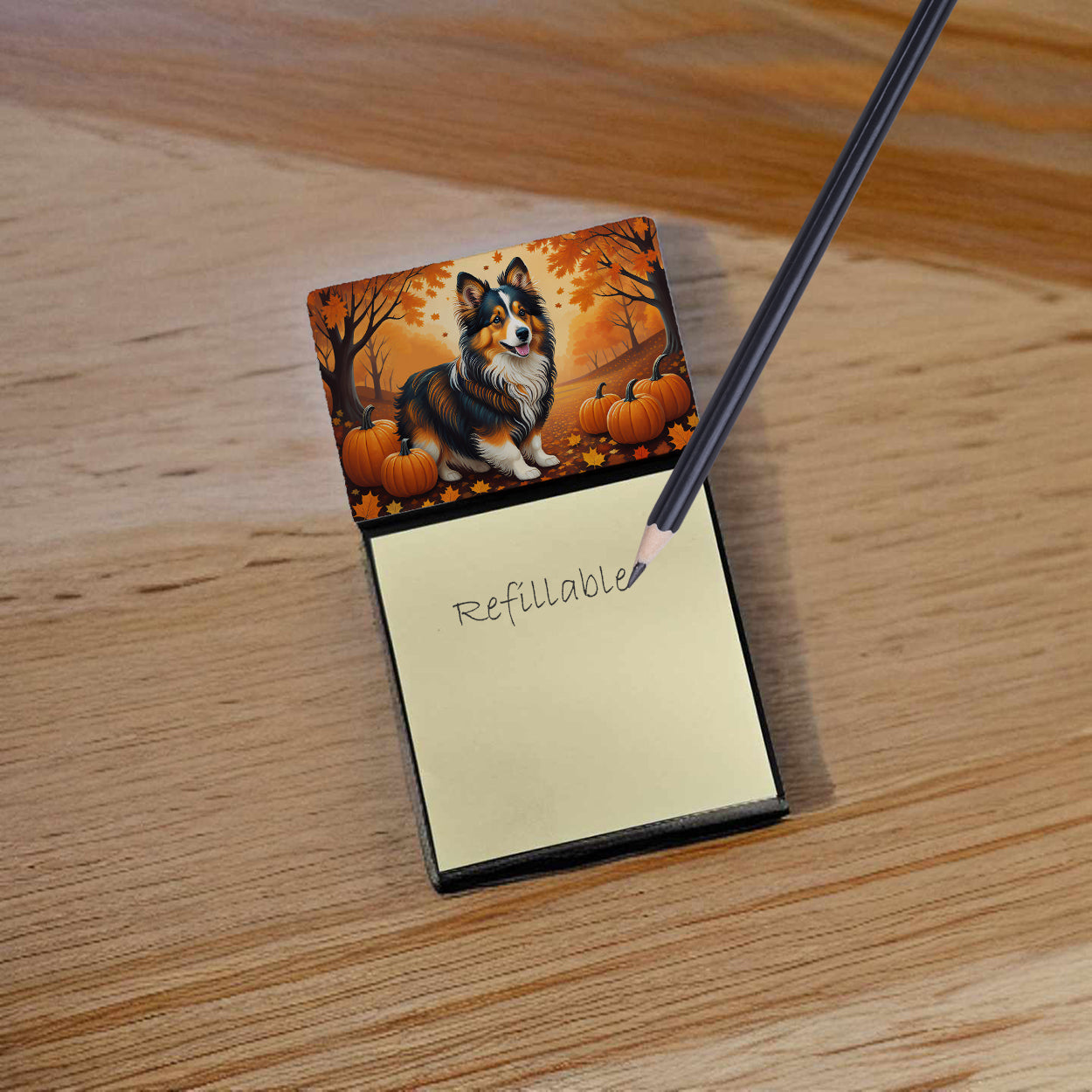 Sheltie Fall Watercolor Sticky Note Holder Refillable Dispenser Desk Accessory 3x3 Pad Gift