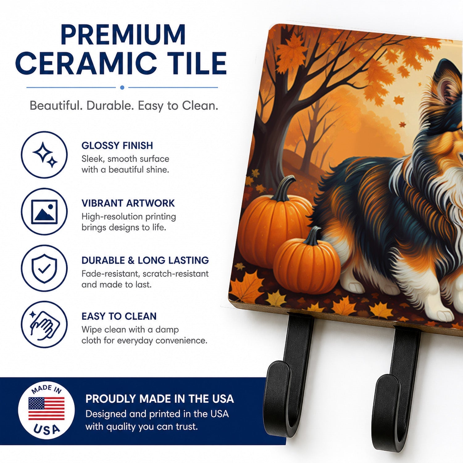 Sheltie Fall Leash or Key Holder Wall Hooks, Coat Rack Wall Mount, for Hanging Keys, Towels, Aprons, Leashes