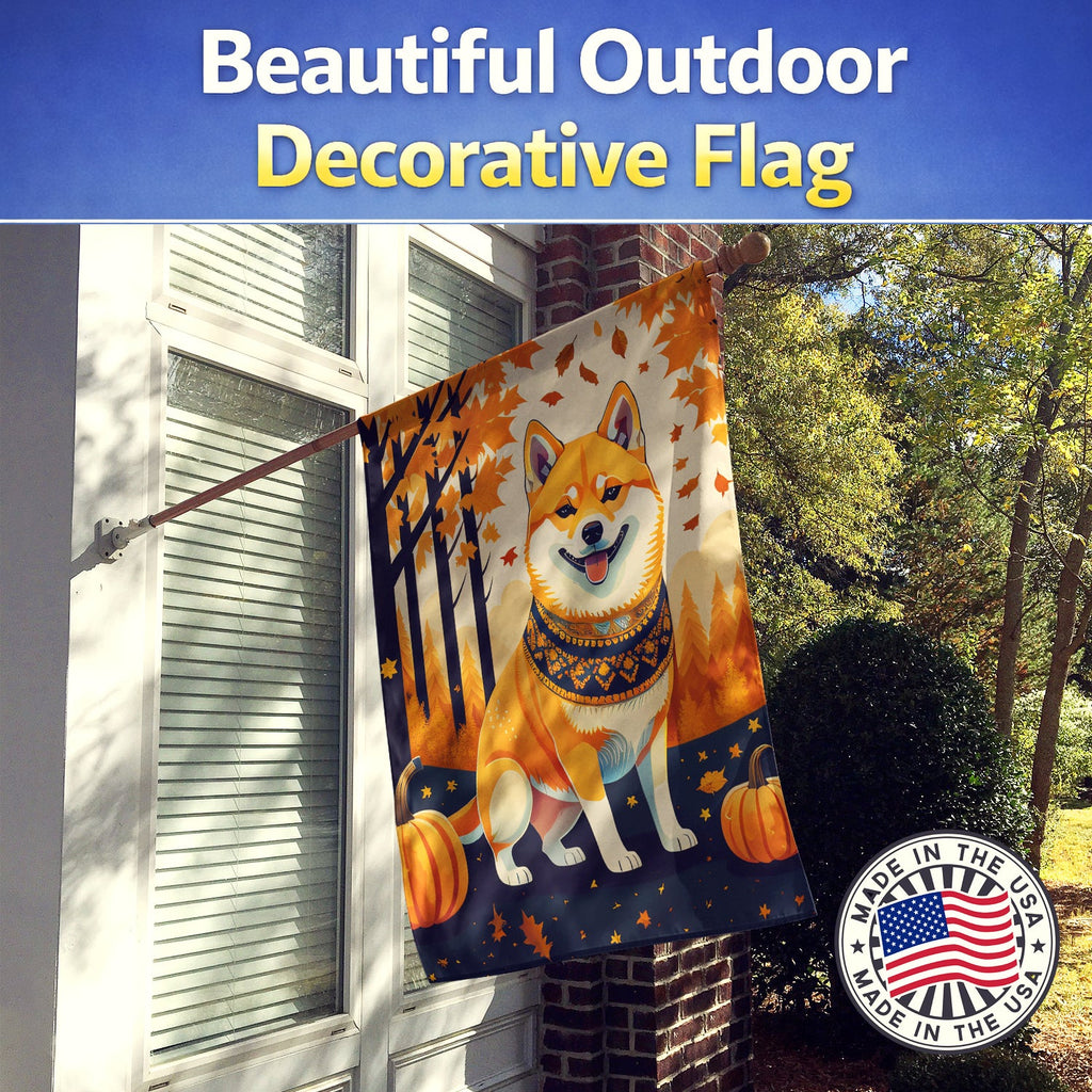 Shiba Inu Fall House Flag 28x40 Porch Sleeve Pole Decorative Outside Yard Banner Artwork Wall Hanging, Polyester