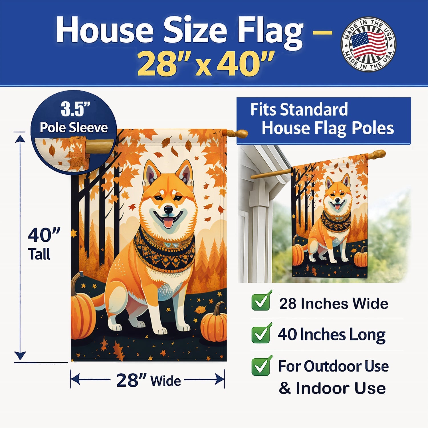 Shiba Inu Fall House Flag 28x40 Porch Sleeve Pole Decorative Outside Yard Banner Artwork Wall Hanging, Polyester