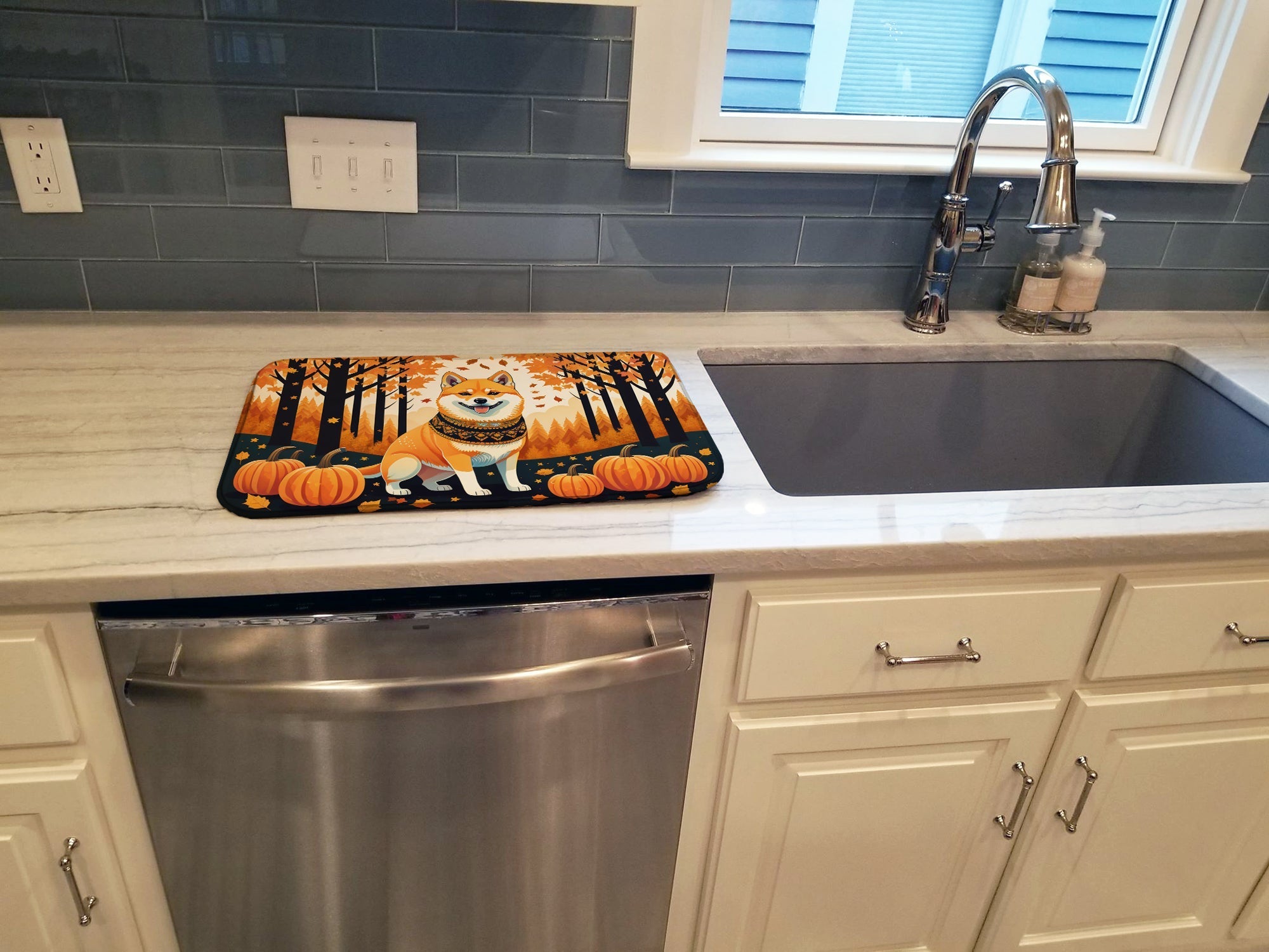 Shiba Inu Fall Dish Drying Mat Absorbent Dish Drying Mat Pad for Kitchen Counter Dish Drainer Mat for Countertop, 14 x 21", Multicolor