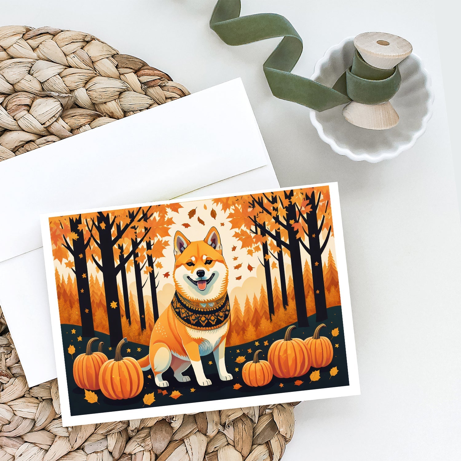 Shiba Inu Fall Greeting Cards Pack of 8 Blank Cards with Envelopes Whimsical A7 Size 5x7