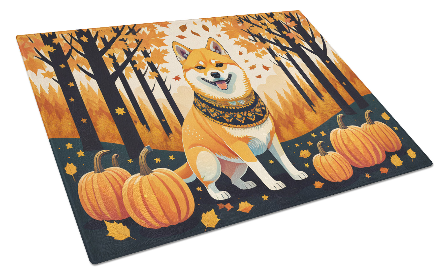 Shiba Inu Fall Cutting Board Tempered Glass Kitchen Cutting Surface, Heat Resistant Chopping, Non-Slip Feet, Food Prep & Serving