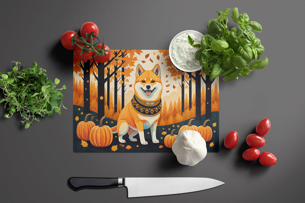 Shiba Inu Fall Cutting Board Tempered Glass Kitchen Cutting Surface, Heat Resistant Chopping, Non-Slip Feet, Food Prep & Serving