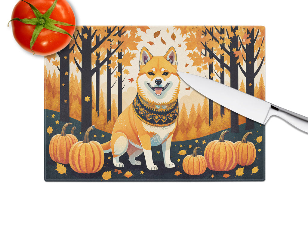 Shiba Inu Fall Cutting Board Tempered Glass Kitchen Cutting Surface, Heat Resistant Chopping, Non-Slip Feet, Food Prep & Serving