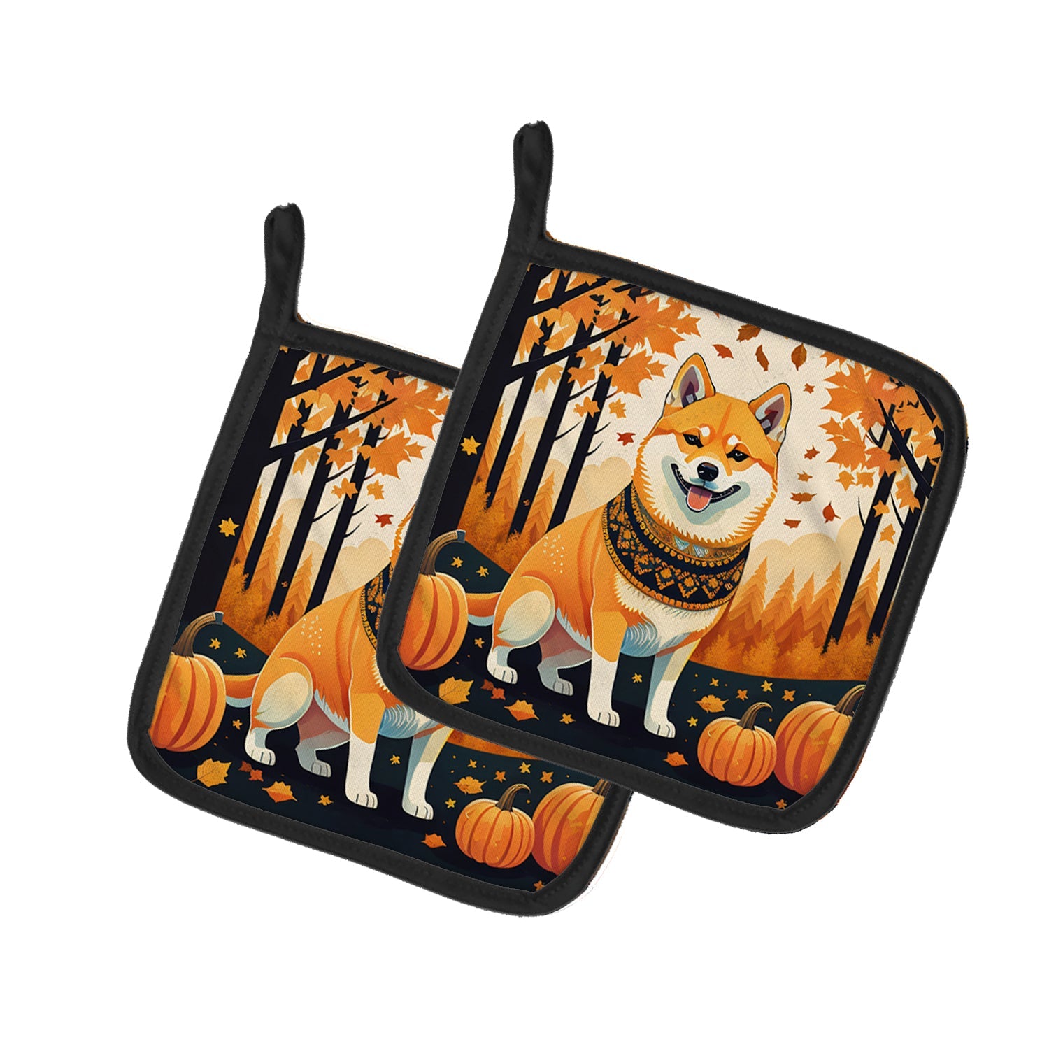 Shiba Inu Fall Pot Holder Set of 2 Heat Resistant Quilted Hot Pads 7.5 x 7.5 Inch, Insulated Kitchen Trivets for Cooking & Baking