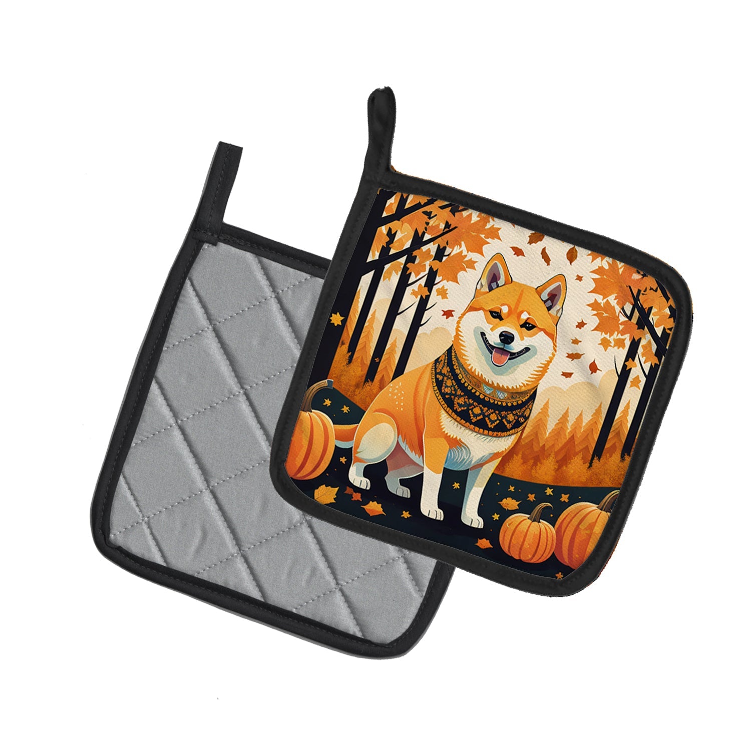 Shiba Inu Fall Pot Holder Set of 2 Heat Resistant Quilted Hot Pads 7.5 x 7.5 Inch, Insulated Kitchen Trivets for Cooking & Baking