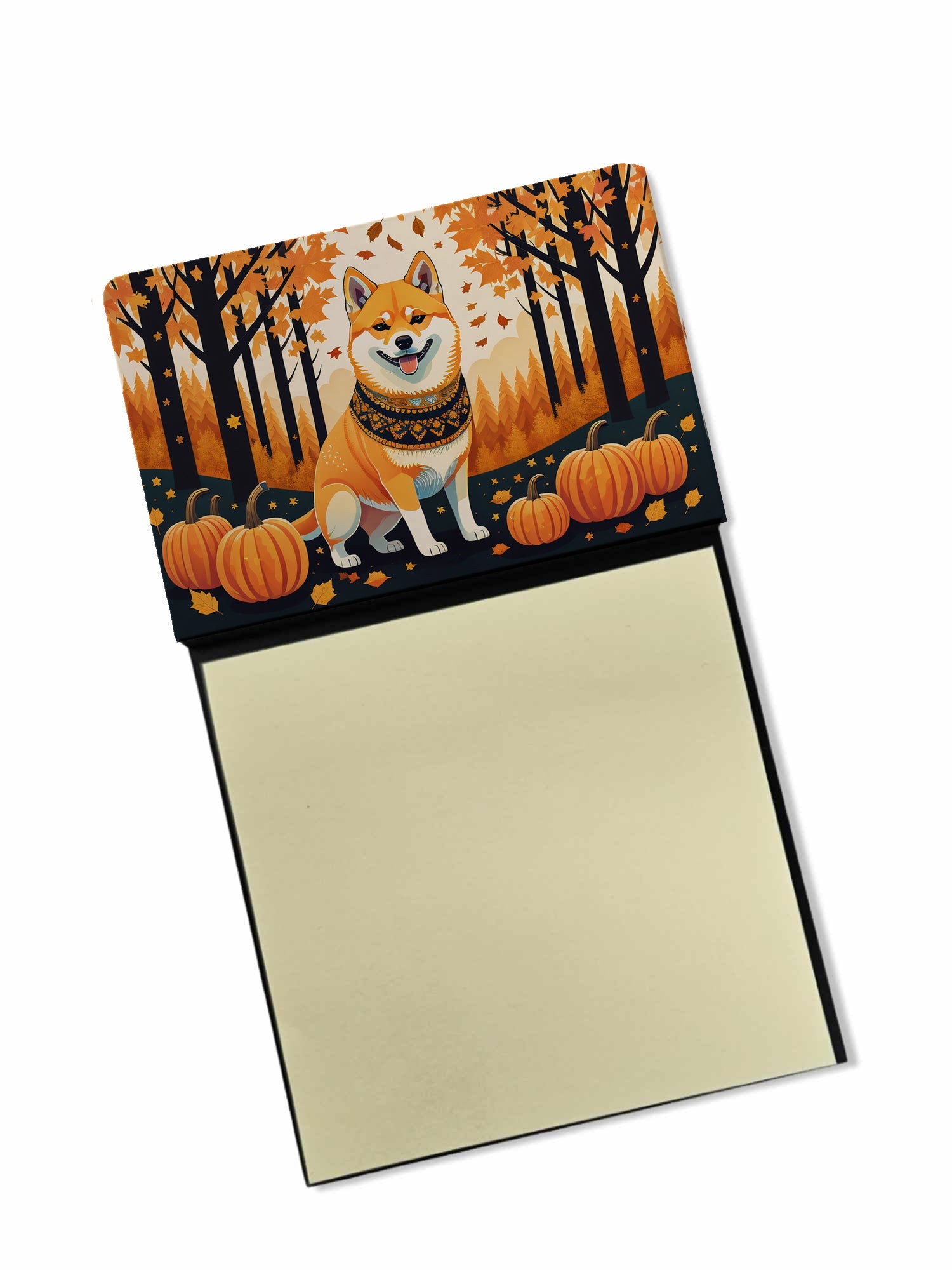 Shiba Inu Fall Watercolor Sticky Note Holder Refillable Dispenser Desk Accessory 3x3 Pad Gift