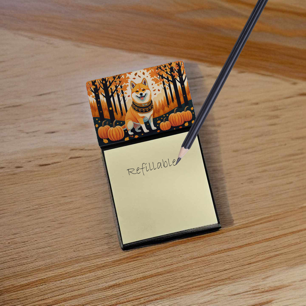 Shiba Inu Fall Watercolor Sticky Note Holder Refillable Dispenser Desk Accessory 3x3 Pad Gift