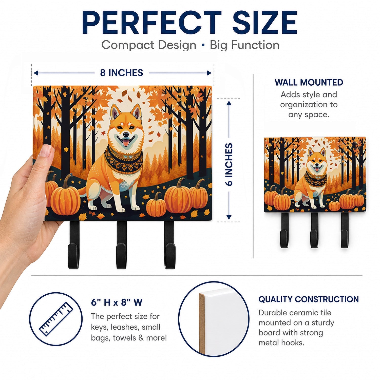 Shiba Inu Fall Leash or Key Holder Wall Hooks, Coat Rack Wall Mount, for Hanging Keys, Towels, Aprons, Leashes