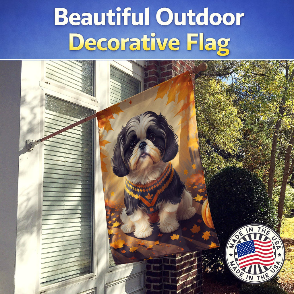 Shih Tzu Fall House Flag 28x40 Porch Sleeve Pole Decorative Outside Yard Banner Artwork Wall Hanging, Polyester