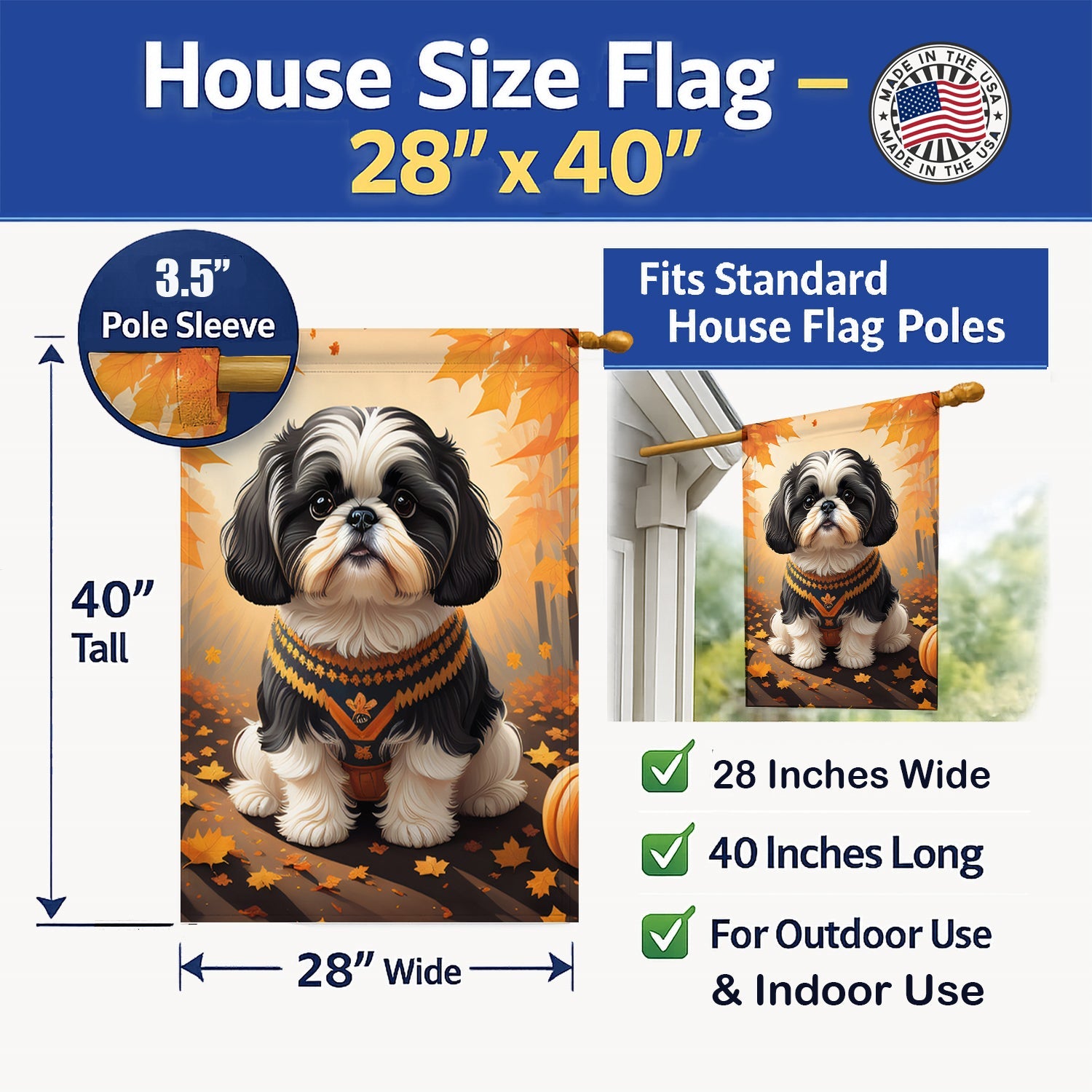 Shih Tzu Fall House Flag 28x40 Porch Sleeve Pole Decorative Outside Yard Banner Artwork Wall Hanging, Polyester