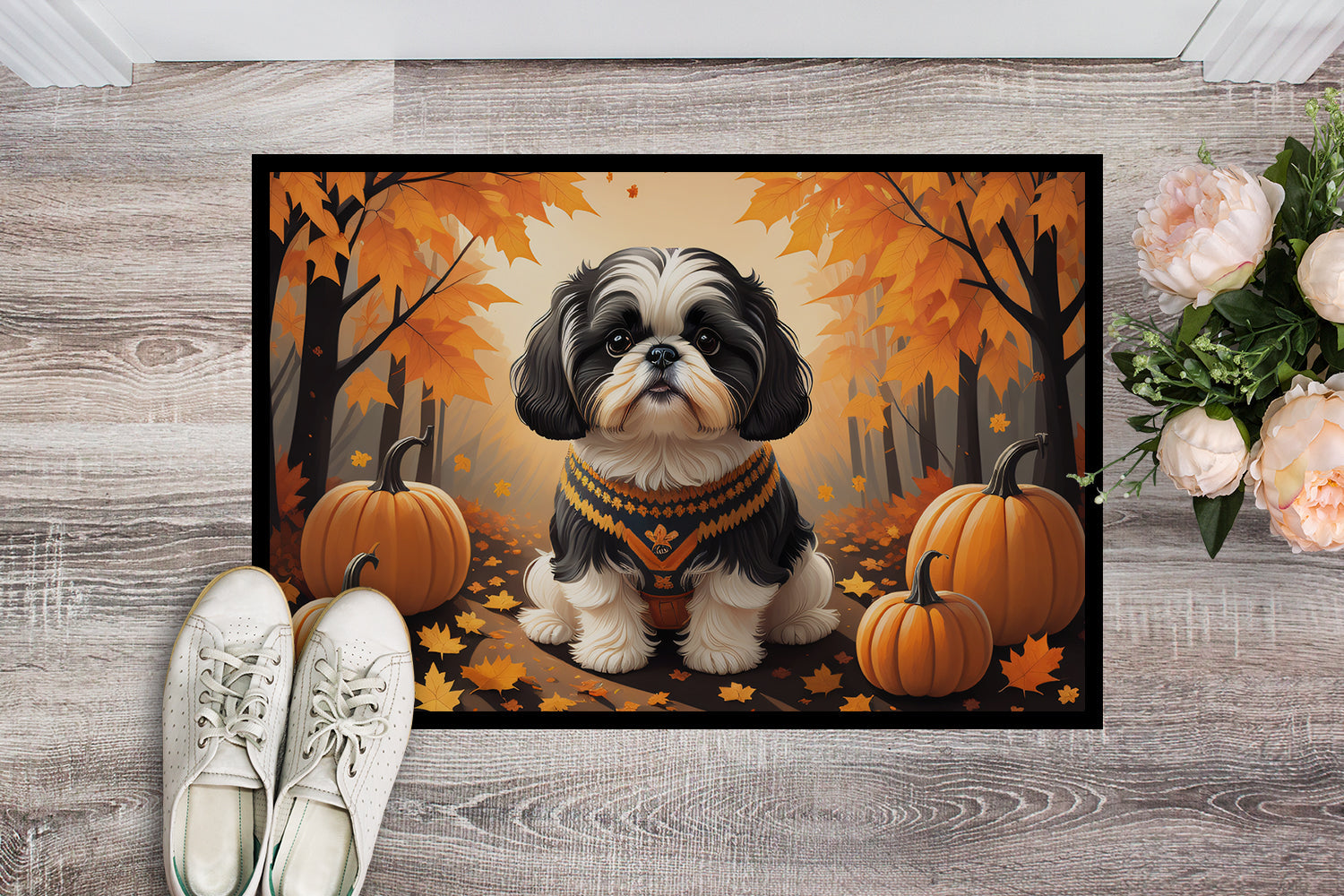 Shih Tzu Fall Doormat Indoor Outdoor 24H X 36W Front Door Mat Rugs for Entryway, Non Slip Washable Low Pile,