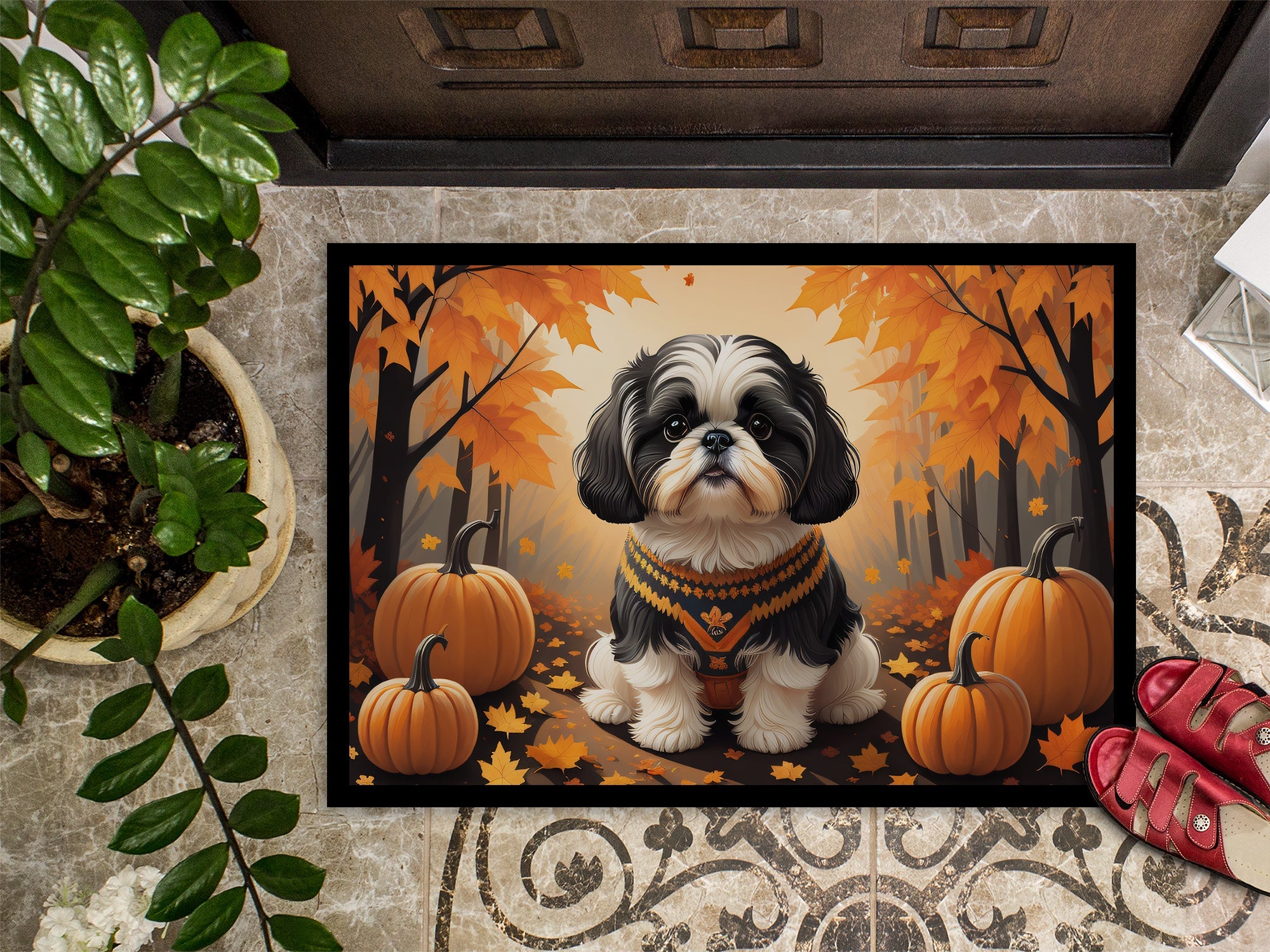 Shih Tzu Fall Doormat Indoor Outdoor 18H X 27W Front Door Mat Rugs for Entryway, Non Slip Washable