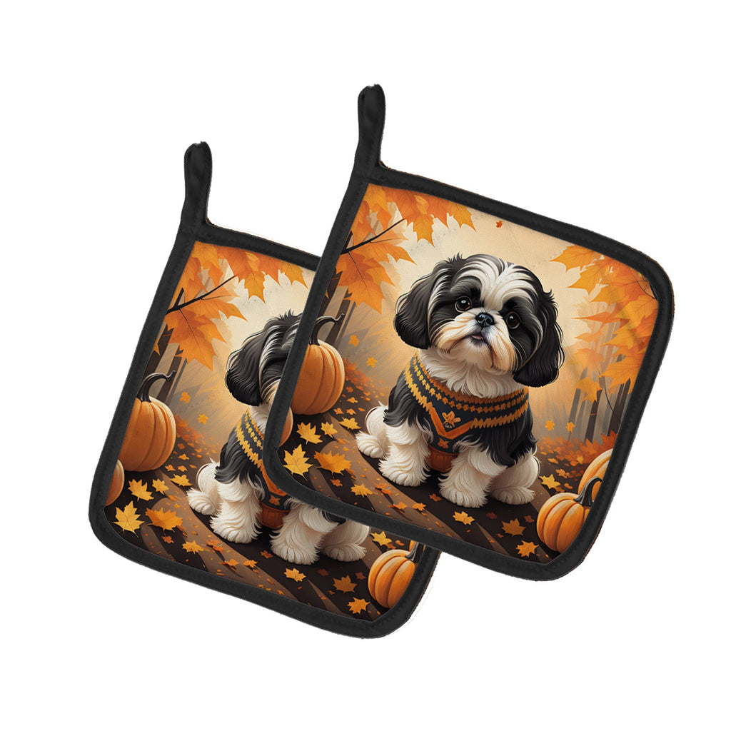 Shih Tzu Fall Pot Holder Set of 2 Heat Resistant Quilted Hot Pads 7.5 x 7.5 Inch, Insulated Kitchen Trivets for Cooking & Baking