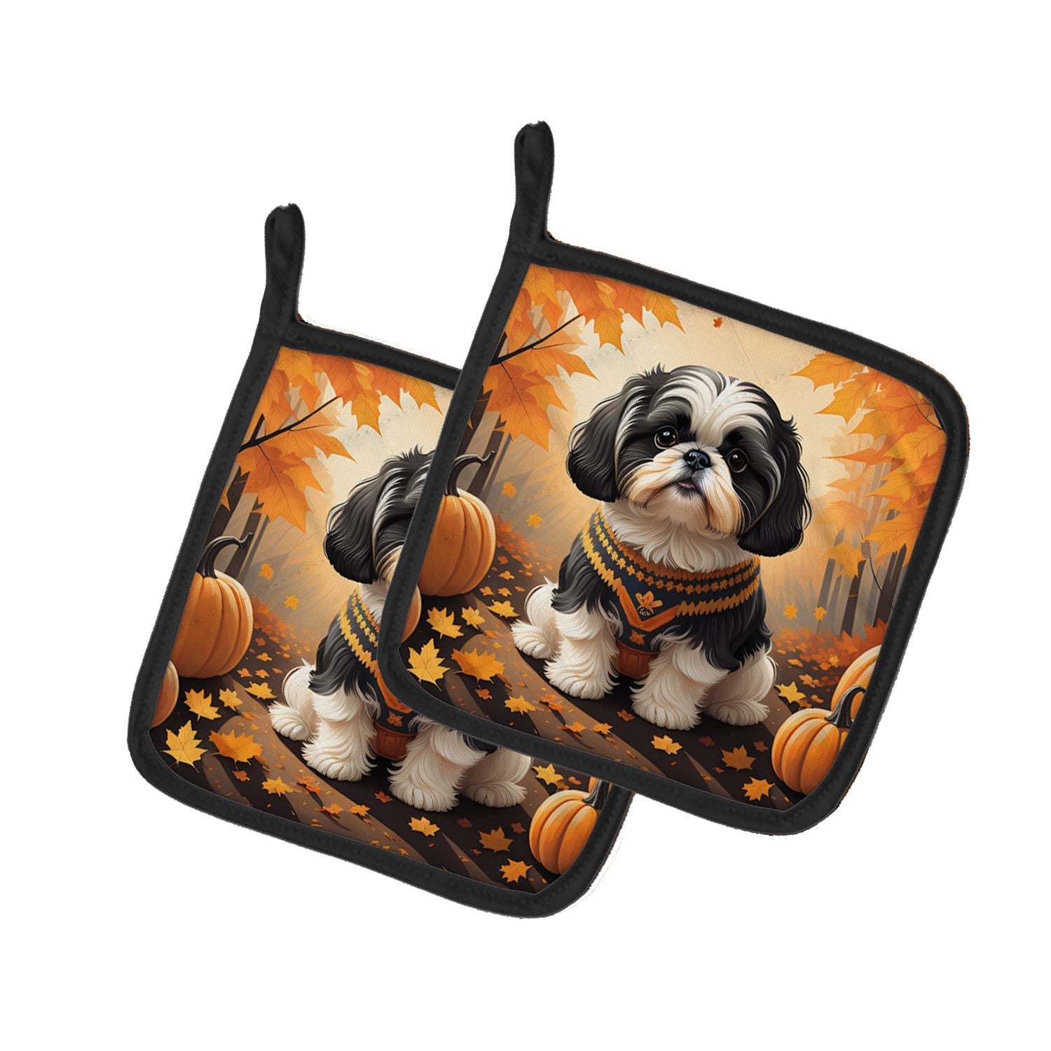 Shih Tzu Fall Pot Holder Set of 2 Heat Resistant Quilted Hot Pads 7.5 x 7.5 Inch, Insulated Kitchen Trivets for Cooking & Baking