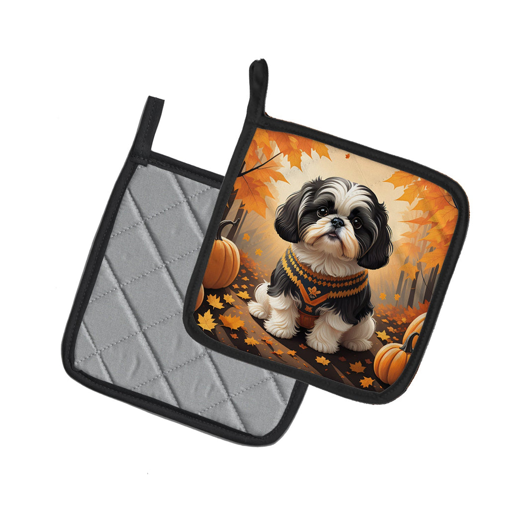 Shih Tzu Fall Pot Holder Set of 2 Heat Resistant Quilted Hot Pads 7.5 x 7.5 Inch, Insulated Kitchen Trivets for Cooking & Baking