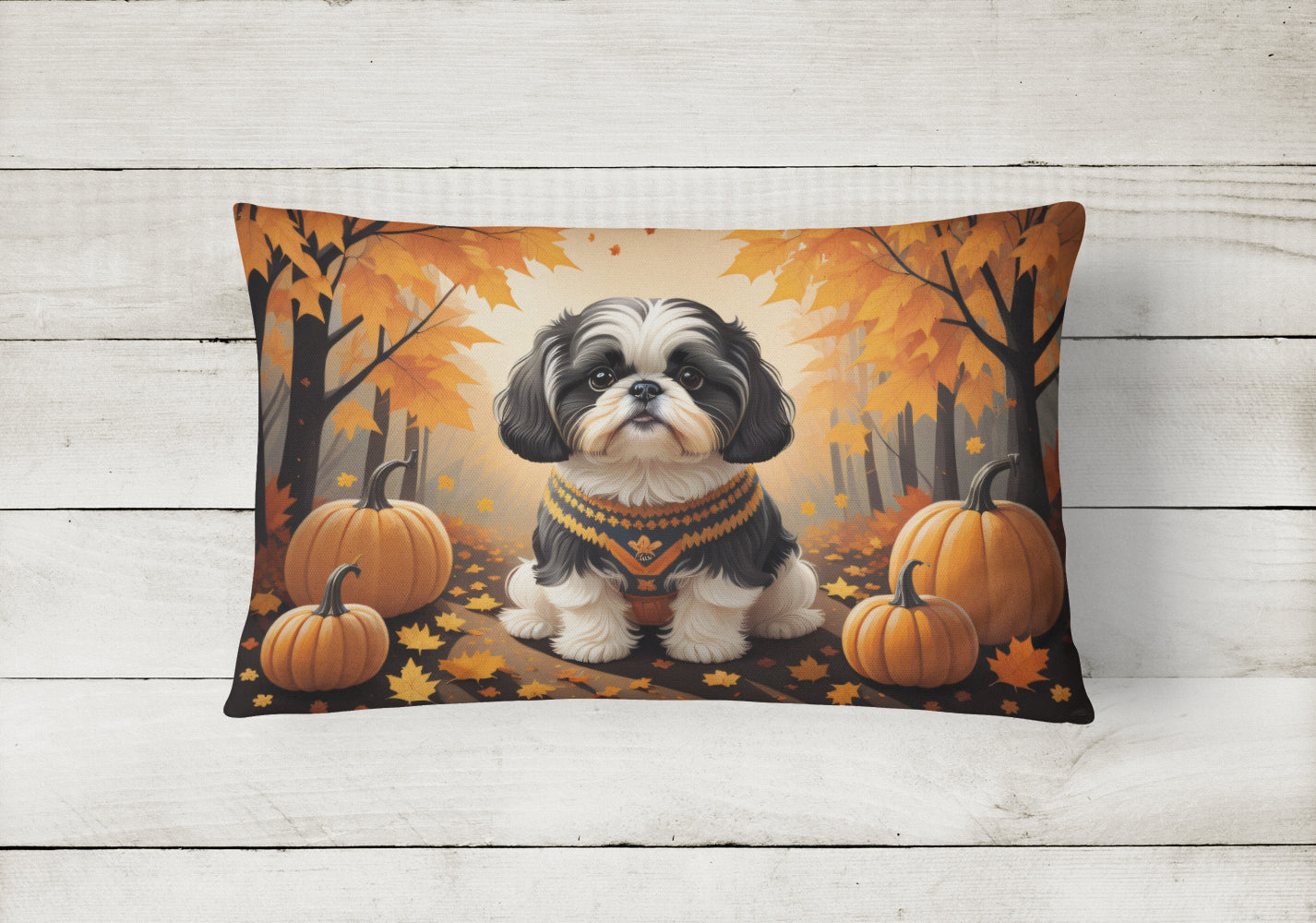 Shih Tzu Fall Decorative Throw Pillow 12x16 Indoor Outdoor Accent Cushion, Fabric Cover with Insert for Sofa, Bed, Porch & Living Room