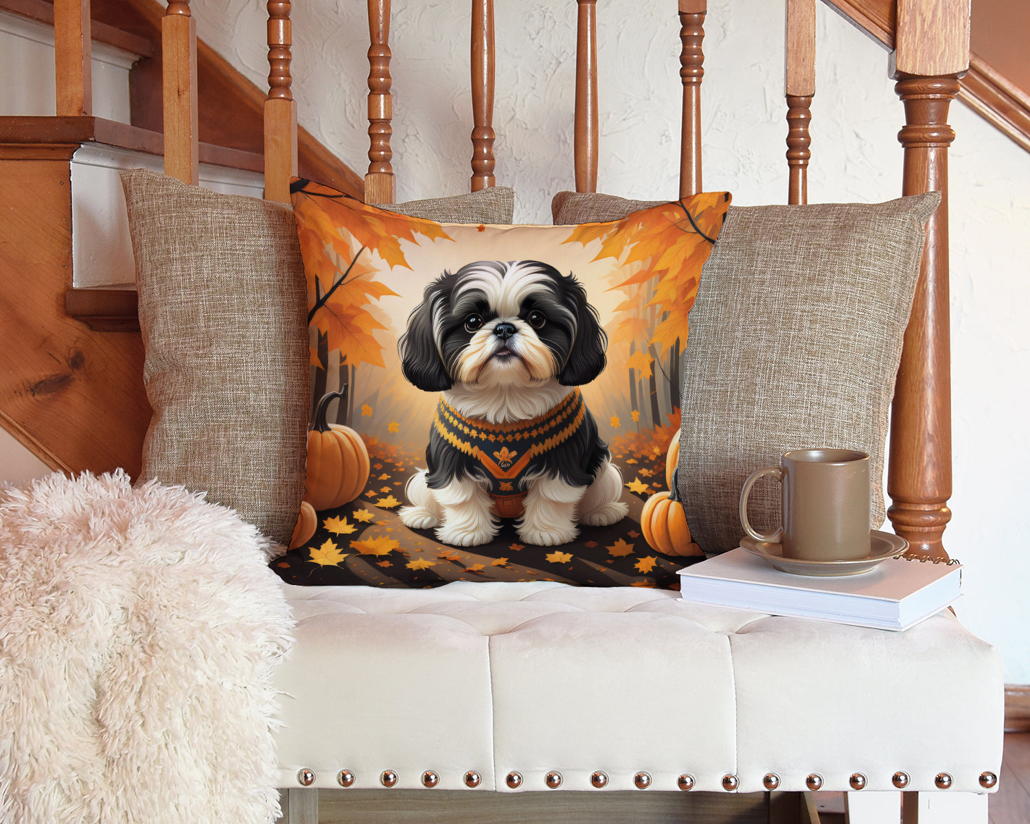 Shih Tzu Fall Decorative Throw Pillow 14x14 Indoor Outdoor Accent Cushion, Fabric Cover with Insert for Sofa, Bed, Porch & Living Room