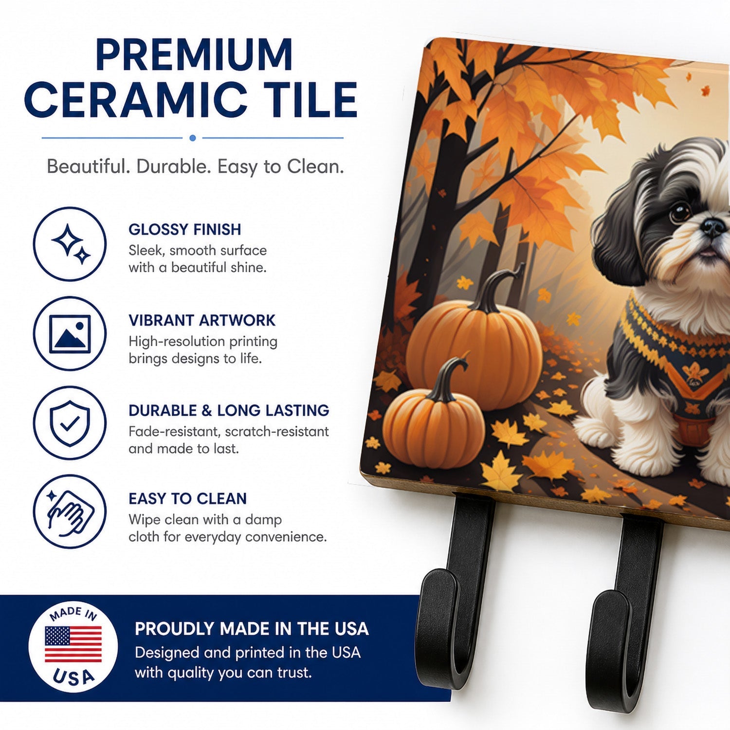 Shih Tzu Fall Leash or Key Holder Wall Hooks, Coat Rack Wall Mount, for Hanging Keys, Towels, Aprons, Leashes