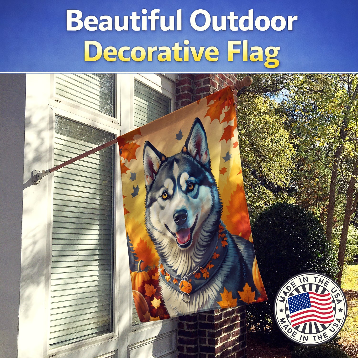 Siberian Husky Fall House Flag 28x40 Porch Sleeve Pole Decorative Outside Yard Banner Artwork Wall Hanging, Polyester