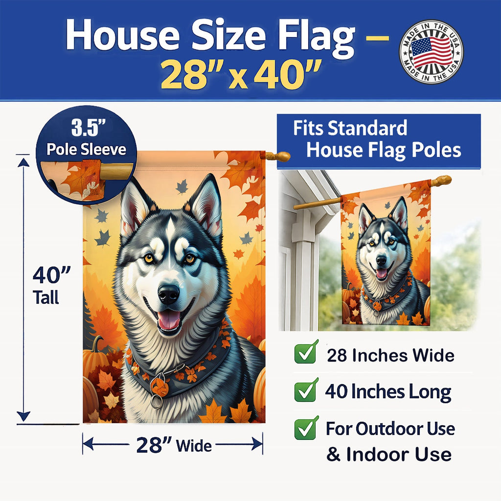 Siberian Husky Fall House Flag 28x40 Porch Sleeve Pole Decorative Outside Yard Banner Artwork Wall Hanging, Polyester