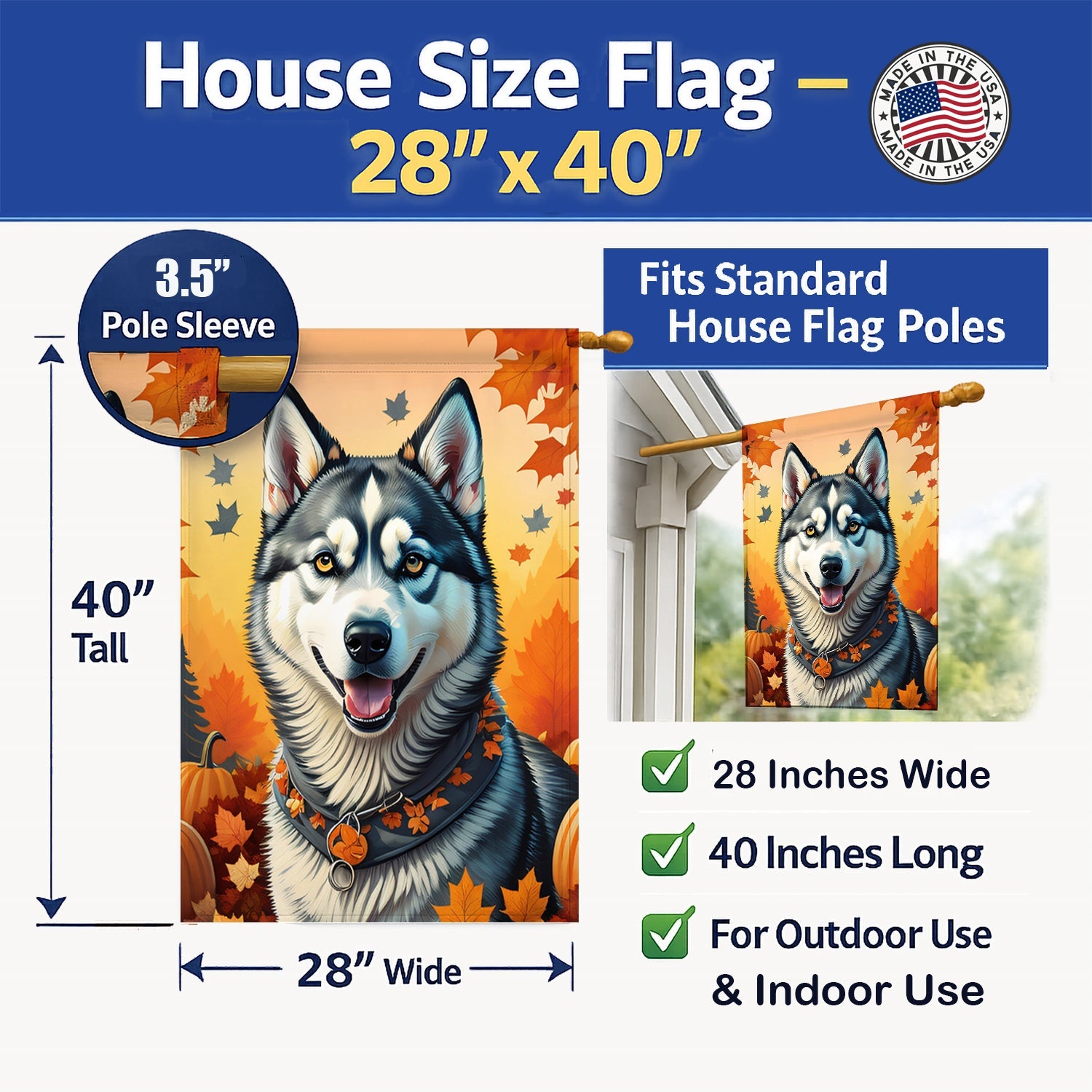 Siberian Husky Fall House Flag 28x40 Porch Sleeve Pole Decorative Outside Yard Banner Artwork Wall Hanging, Polyester