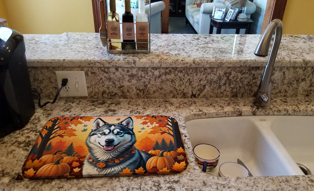 Siberian Husky Fall Dish Drying Mat Absorbent Dish Drying Mat Pad for Kitchen Counter Dish Drainer Mat for Countertop, 14 x 21", Multicolor