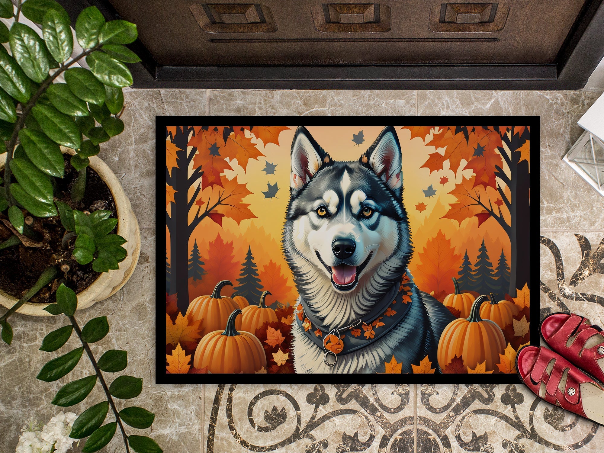 Siberian Husky Fall Doormat Indoor Outdoor 24H X 36W Front Door Mat Rugs for Entryway, Non Slip Washable Low Pile,