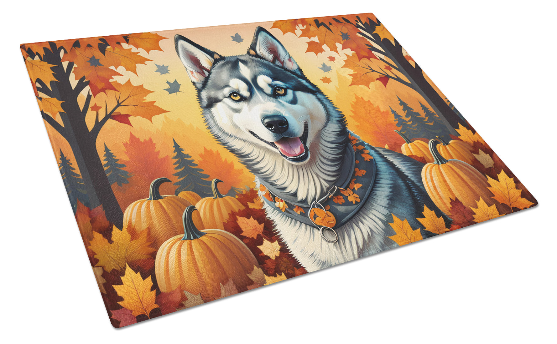 Siberian Husky Fall Cutting Board Tempered Glass Kitchen Cutting Surface, Heat Resistant Chopping, Non-Slip Feet, Food Prep & Serving