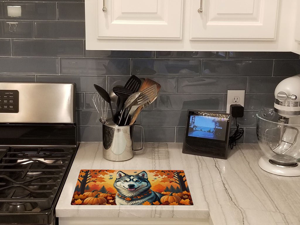 Siberian Husky Fall Cutting Board Tempered Glass Kitchen Cutting Surface, Heat Resistant Chopping, Non-Slip Feet, Food Prep & Serving