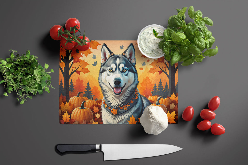 Siberian Husky Fall Cutting Board Tempered Glass Kitchen Cutting Surface, Heat Resistant Chopping, Non-Slip Feet, Food Prep & Serving
