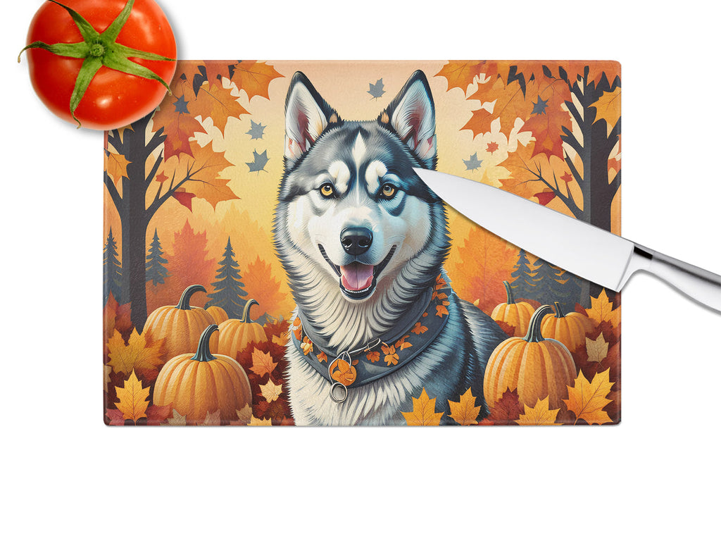 Siberian Husky Fall Cutting Board Tempered Glass Kitchen Cutting Surface, Heat Resistant Chopping, Non-Slip Feet, Food Prep & Serving