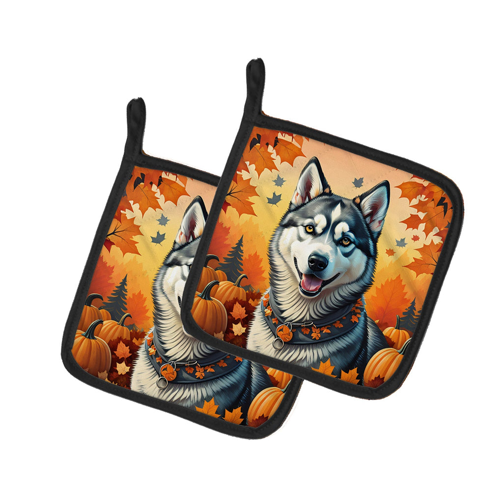Siberian Husky Fall Pot Holder Set of 2 Heat Resistant Quilted Hot Pads 7.5 x 7.5 Inch, Insulated Kitchen Trivets for Cooking & Baking