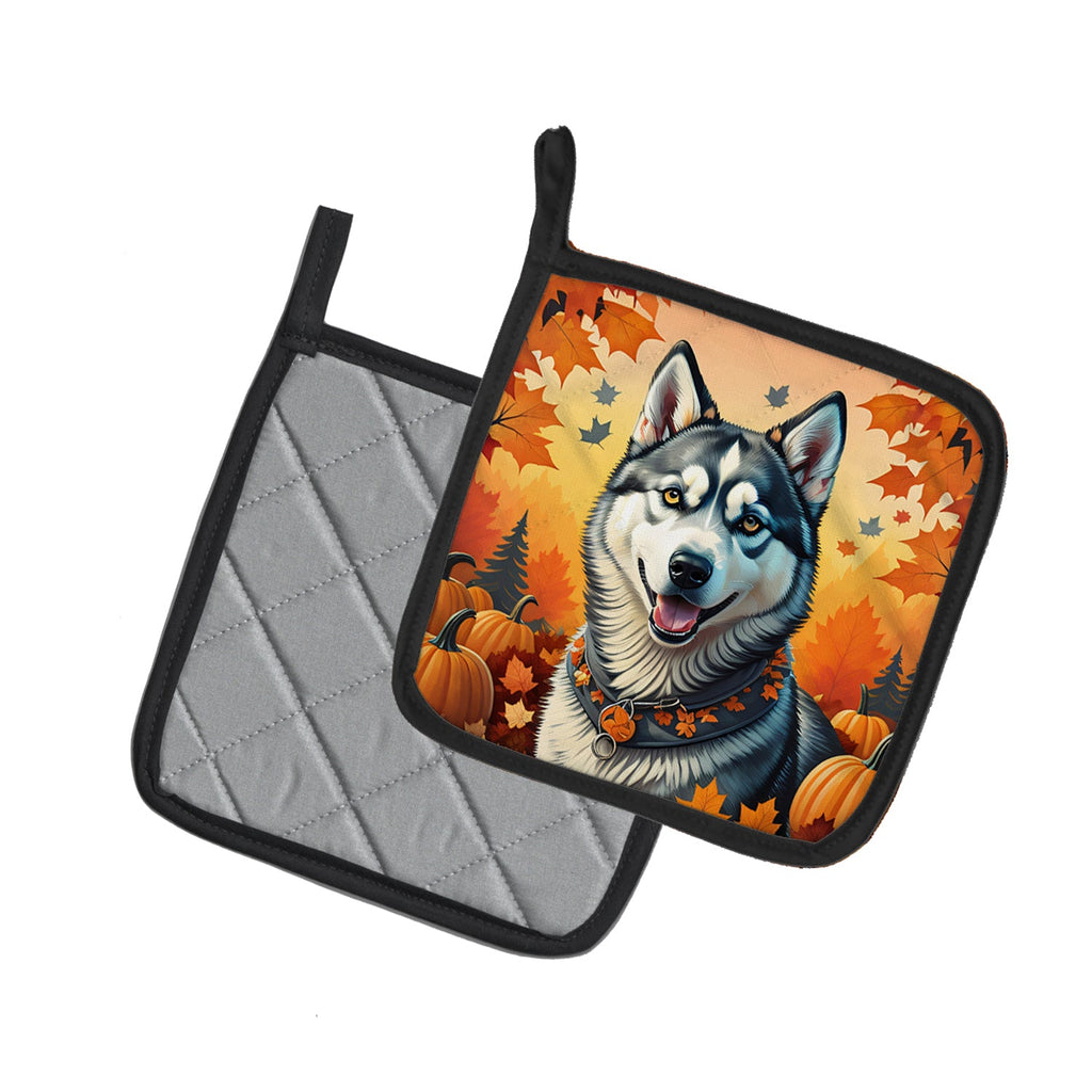 Siberian Husky Fall Pot Holder Set of 2 Heat Resistant Quilted Hot Pads 7.5 x 7.5 Inch, Insulated Kitchen Trivets for Cooking & Baking