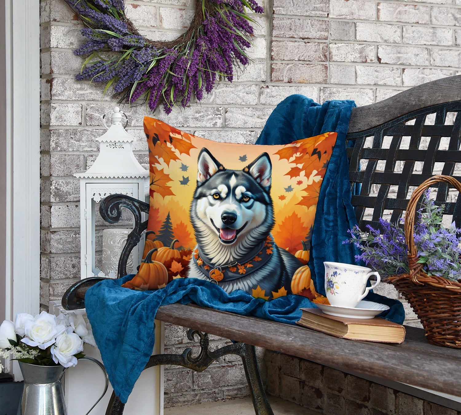 Siberian Husky Fall Decorative Throw Pillow 18x18 Indoor Outdoor Accent Cushion, Fabric Cover with Insert for Sofa, Bed, Porch & Living Room