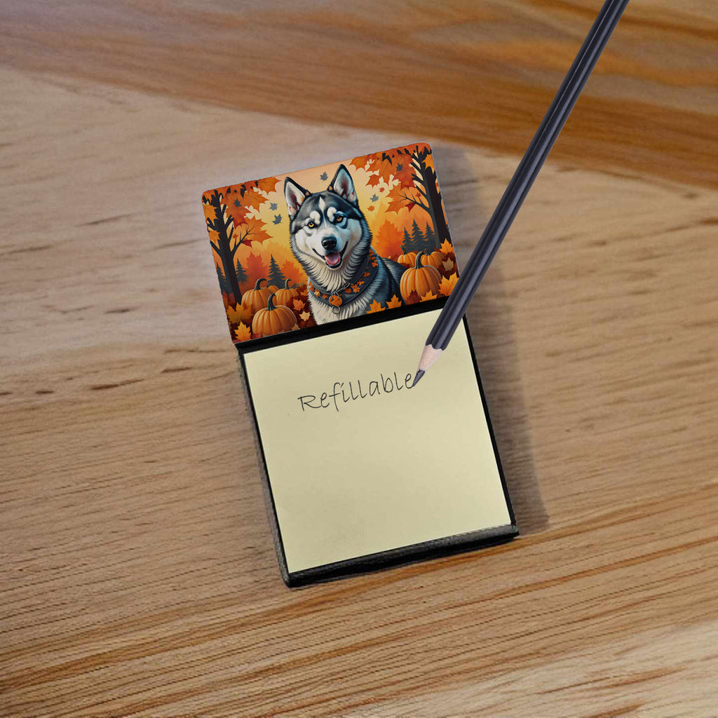 Siberian Husky Fall Watercolor Sticky Note Holder Refillable Dispenser Desk Accessory 3x3 Pad Gift