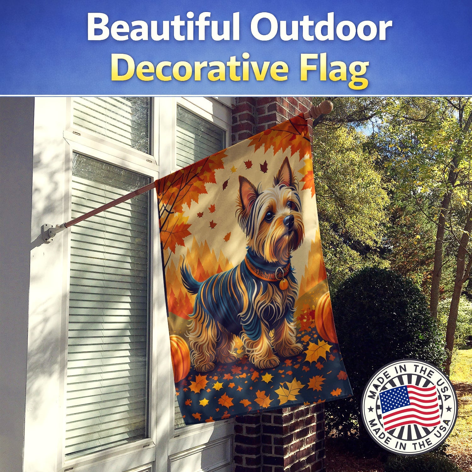 Silky Terrier Fall House Flag 28x40 Porch Sleeve Pole Decorative Outside Yard Banner Artwork Wall Hanging, Polyester