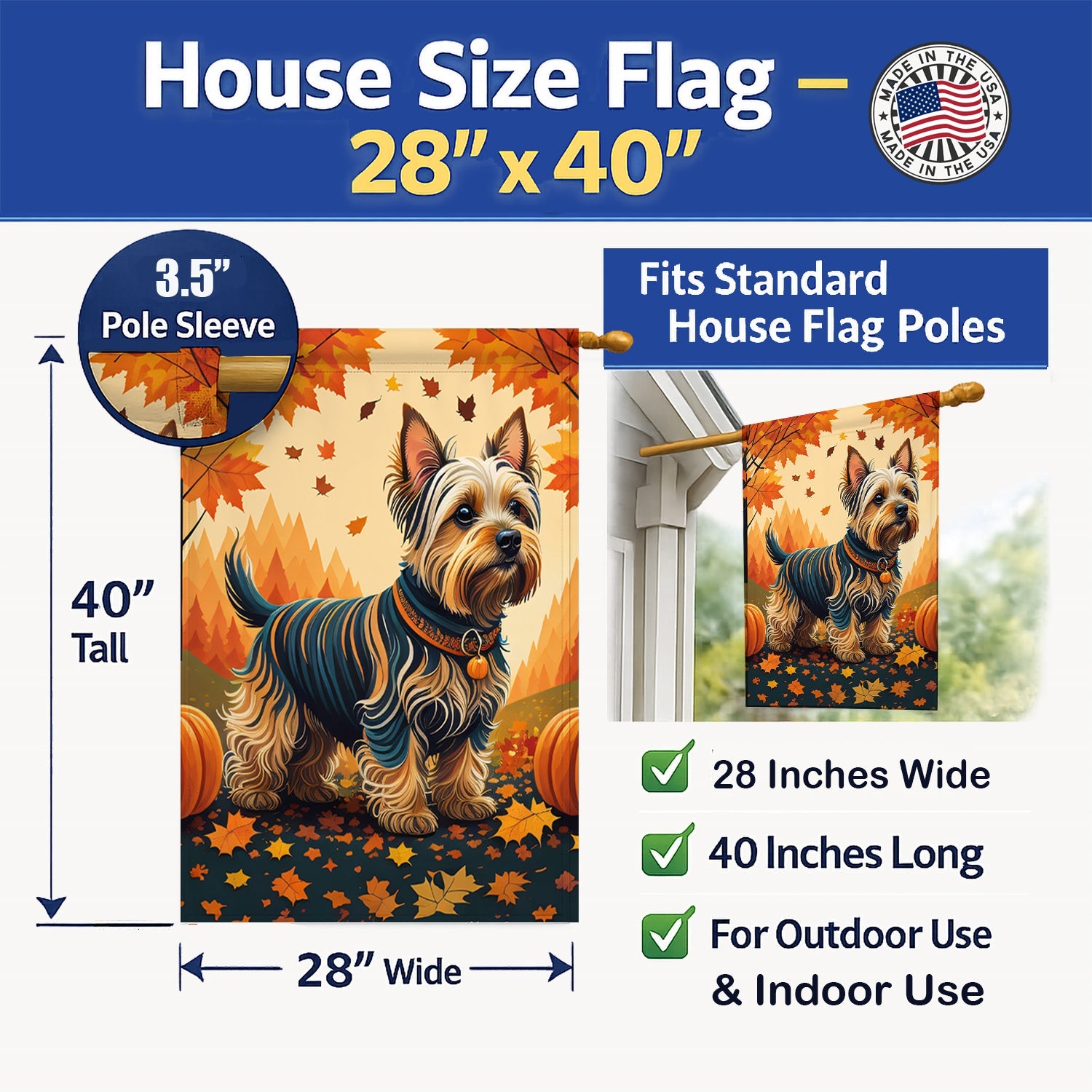 Silky Terrier Fall House Flag 28x40 Porch Sleeve Pole Decorative Outside Yard Banner Artwork Wall Hanging, Polyester