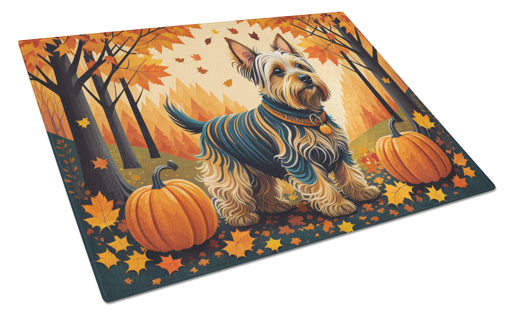 Silky Terrier Fall Cutting Board Tempered Glass Kitchen Cutting Surface, Heat Resistant Chopping, Non-Slip Feet, Food Prep & Serving