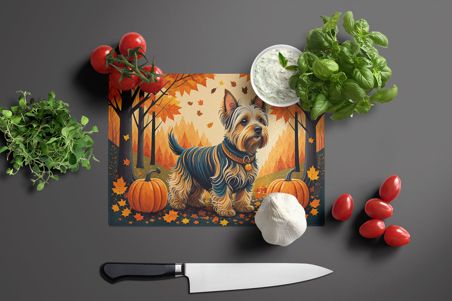 Silky Terrier Fall Cutting Board Tempered Glass Kitchen Cutting Surface, Heat Resistant Chopping, Non-Slip Feet, Food Prep & Serving